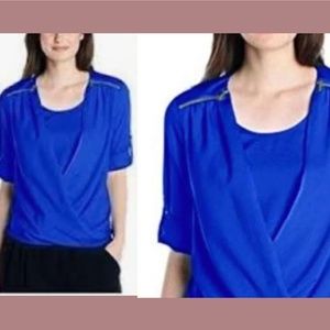 NWT‎ Calvin Klein [ XL ] Roll-Tab-Sleeve V-Neck Draped Blouse Top in Blue
